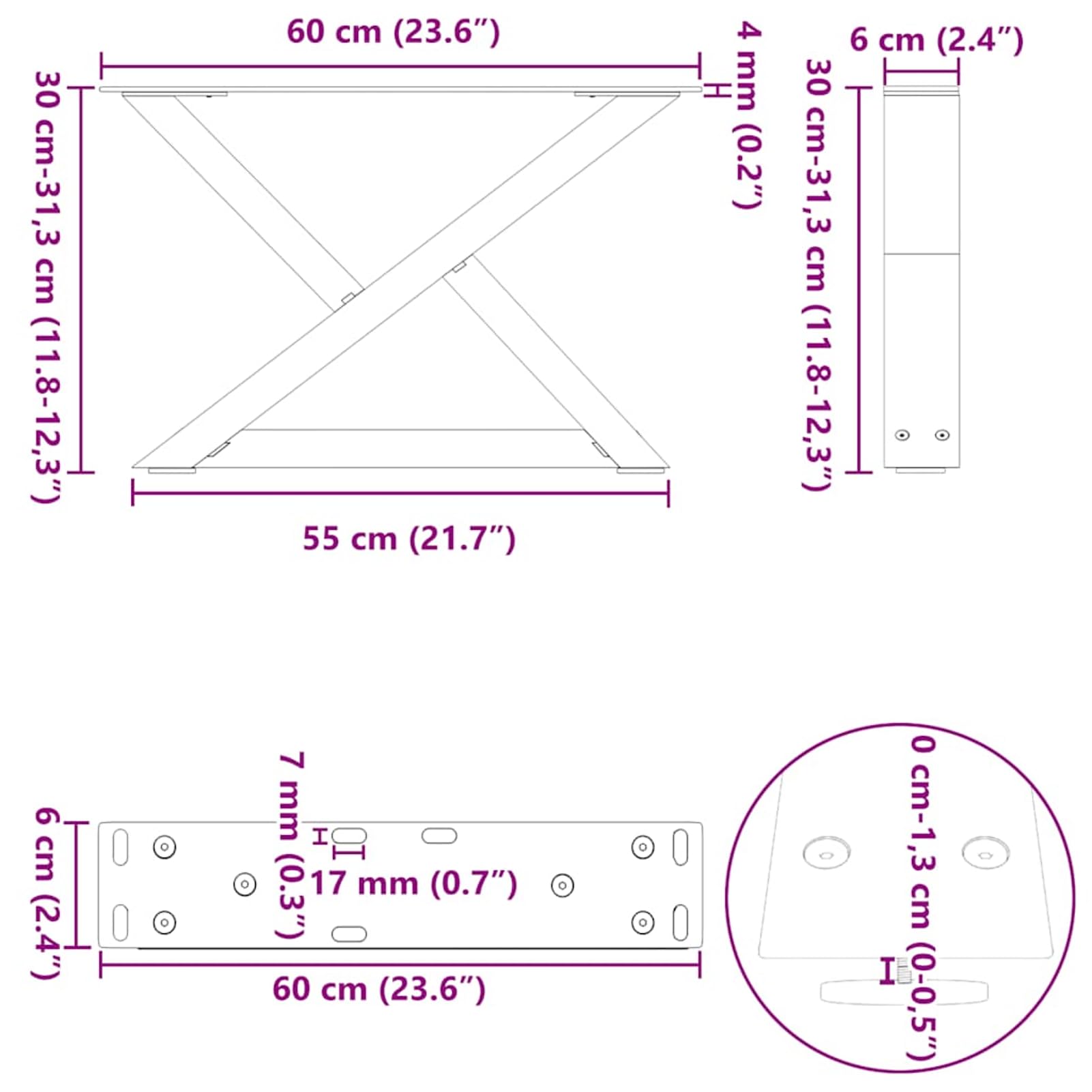 Nogi do stolika kawowego, 2 szt., nowoczesne wzornictwo z nawierconymi otworami, stal malowana proszkowo, biała, 60 x (30-31,3) cm, do stabilnych stolików kawowych