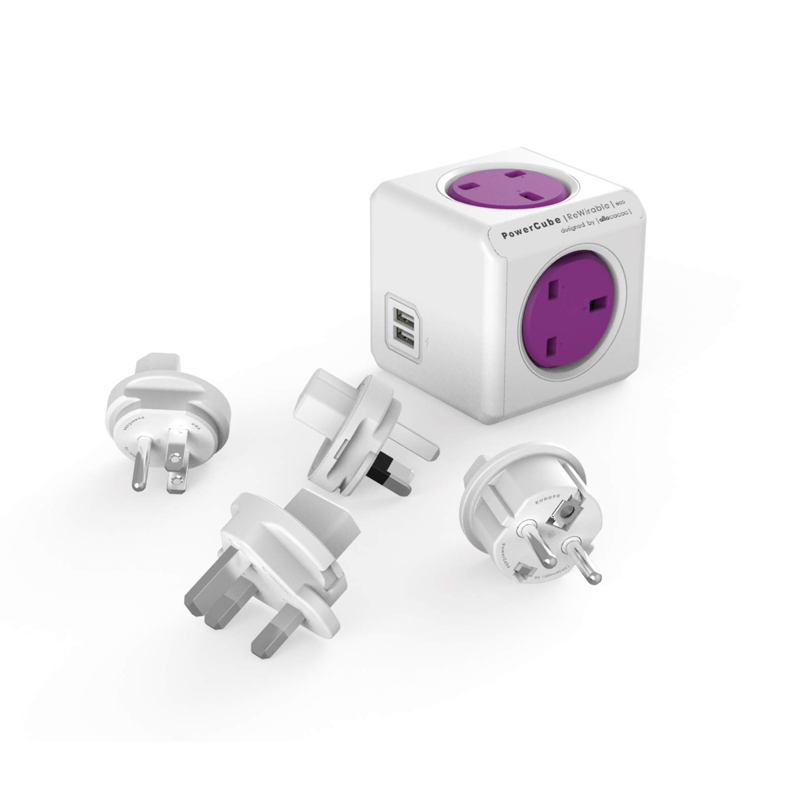 Allocacoc PowerCube Rewirable Travel Plug 4-way + 2 USB Wall Socket Adapter Outlet (Orchid Purple)