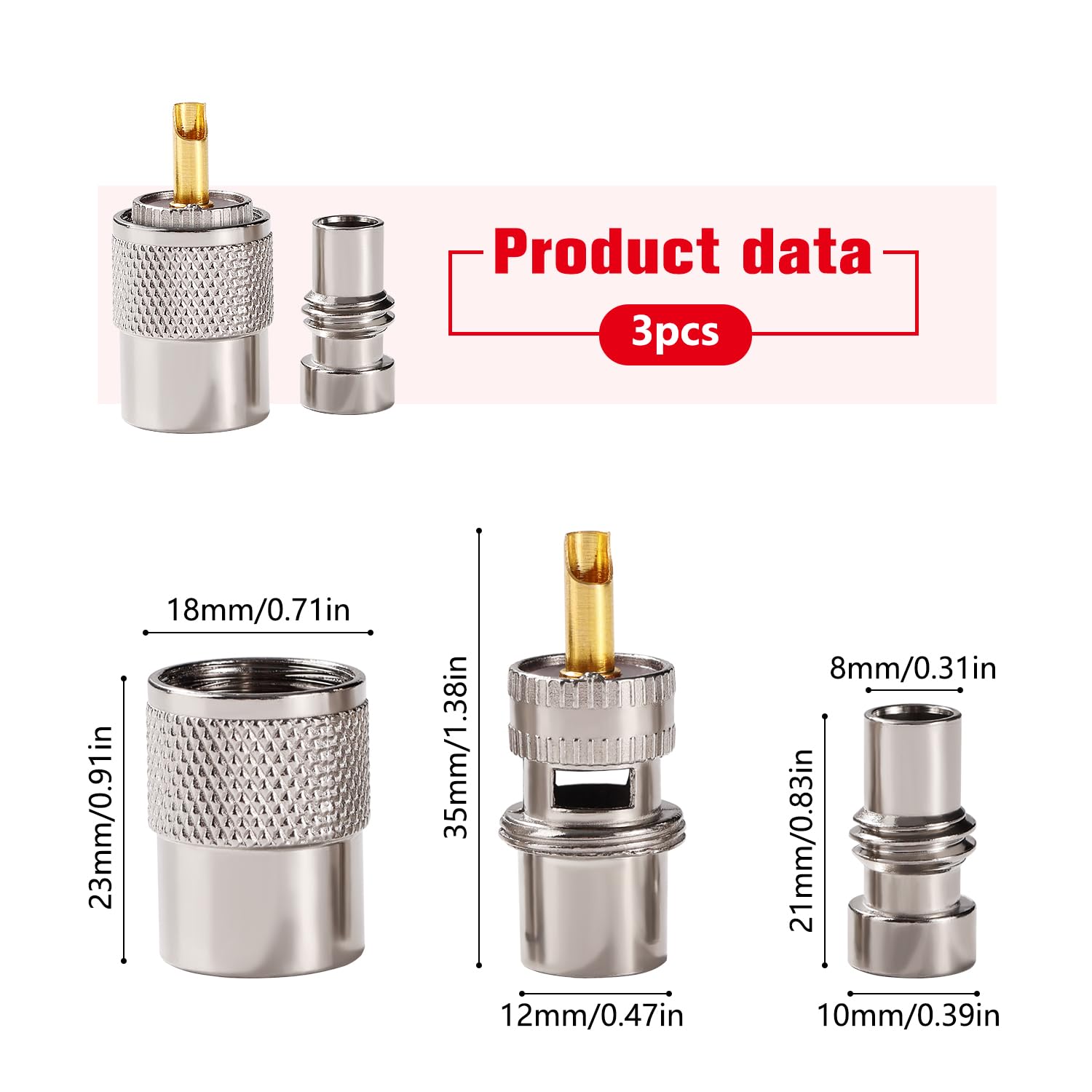 YIXISI 3 Sztuk Złącze Męskie Lutowane UHF/PL-259 z Reduktorem, 50ohm Adapter RF o Niskiej Stracie do Kabla Koncentrycznego RG8x, RG8, RG59, LMR-400, RG-213, Kompatybilny z Anteną Radiową CB Ham