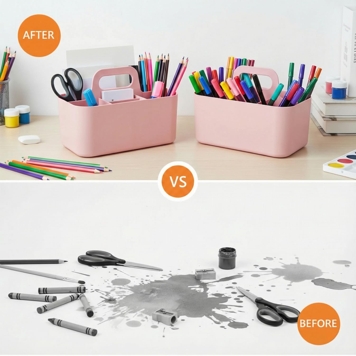 Stapelbarer Aufbewahrungskorb mit Griff - Organizer für Putzmittel mit 5 Fächern, Küche, Bad, Schminktisch & Bastelzubehör, Ablagefächer für Makeup, Nähutensilien (Rosa 24.5x15.5x17.5 cm)