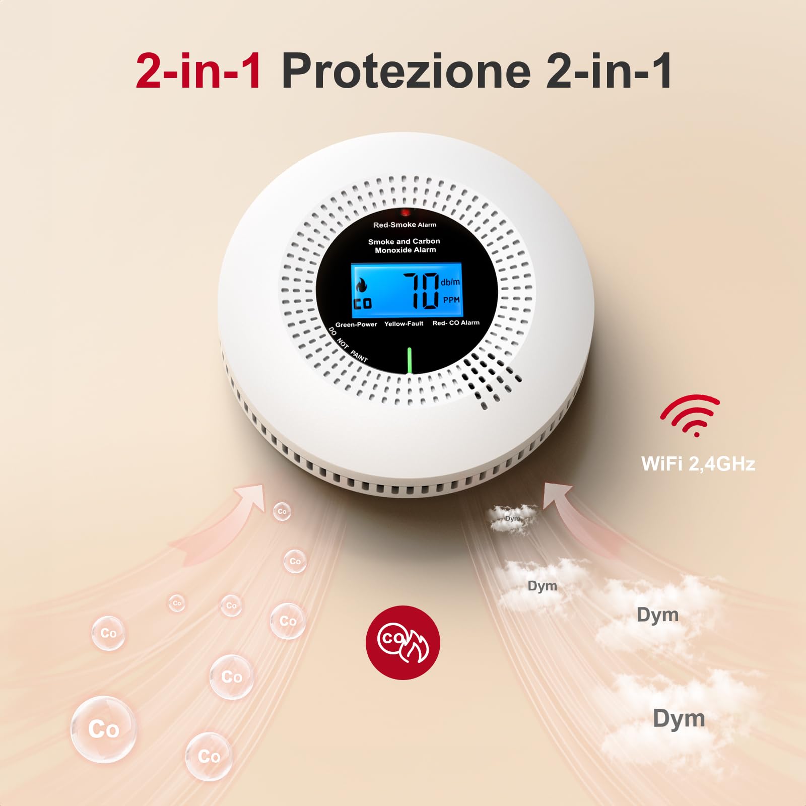 PHYSEN WiFi Rilevatore di Fumo e Monossido di Carbonio, con 10 Anni di Durata e Batteria Sostituibile, Rilevatore Combinato Intelligente Compatibile con l'App Tuya, Conforme EN14604 e EN50291, 1St