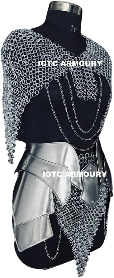 Medieval Brave Lady Chainmail Armor Corset-Women's Armor Costume Iron Chainmail Armor Tasset & Chainmail Top-Female Fantasy Armor Perfect For LARP, Re-enactment, Cosplay & Halloween Party Costume