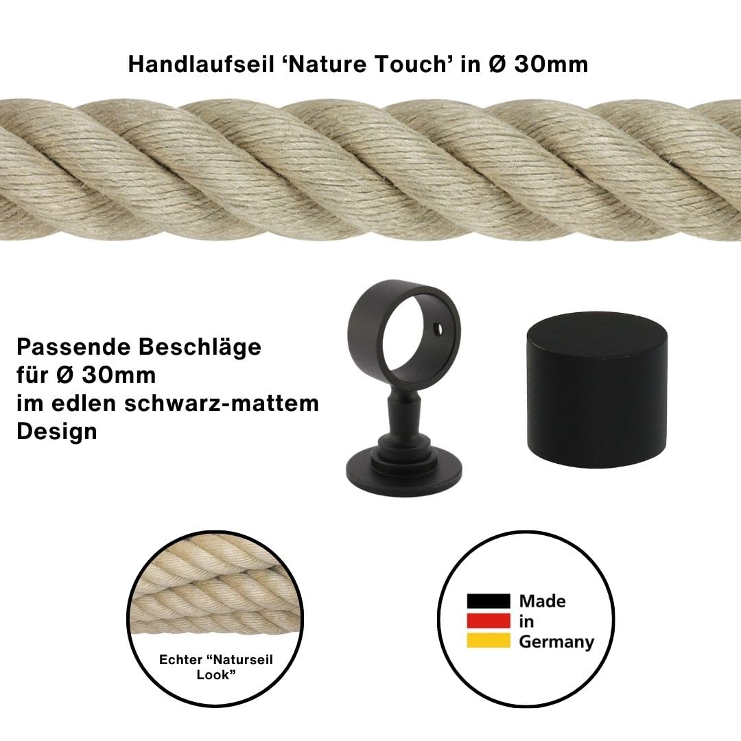 Handlaufseil-Set Ø 30 mm – 5 m Polyhanf-Seil „Nature Touch“ naturfarben mit 2 Endkappen & 5 Seilträgern, schwarz matt | Treppe & Geländer