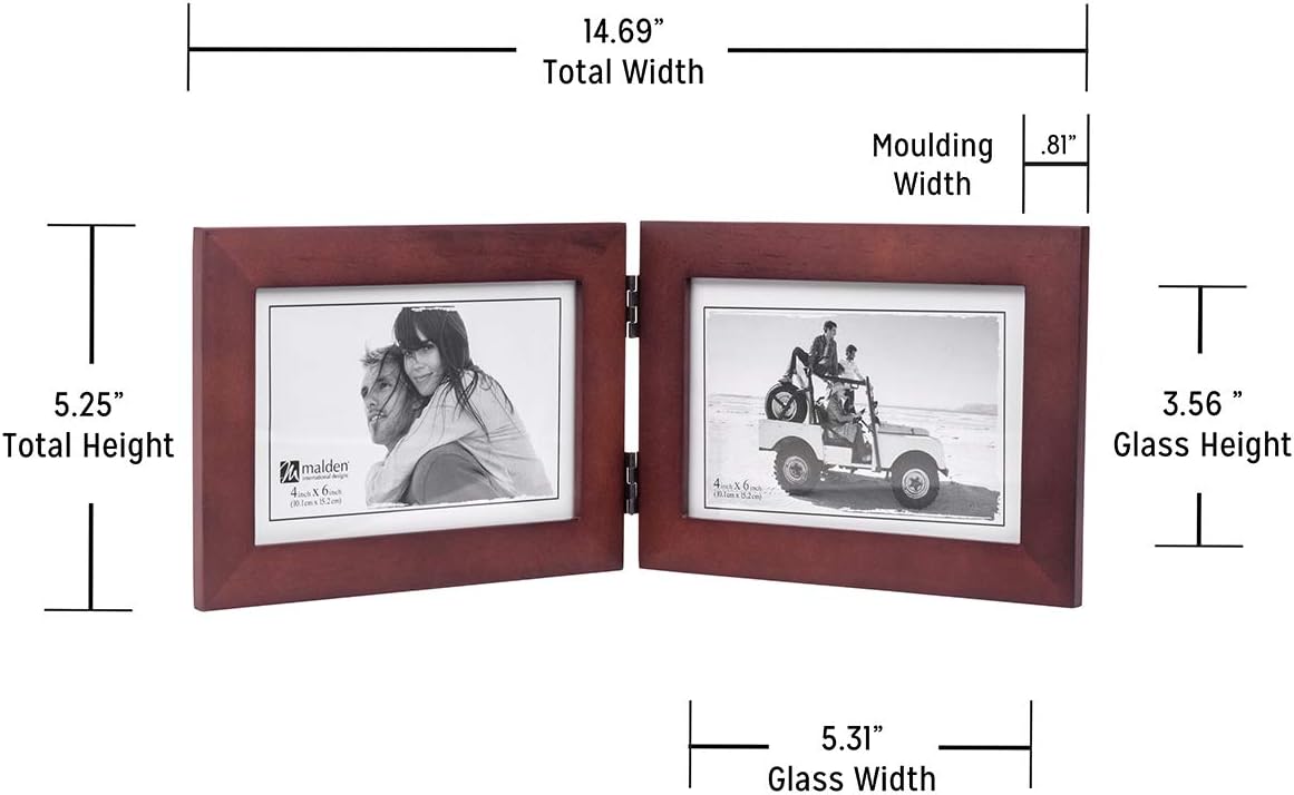 Malden Double Horizontal 4x6 Picture Frame - Wide Real Wood Molding, Real Glass - Dark Walnut -