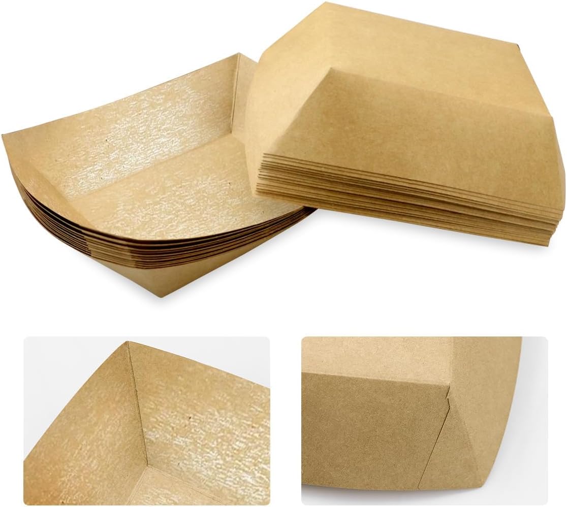 Oomcu 100 Pack 3 lb Heavy Duty Paper Food Trays - Disposable Kraft Brown Paper Boats for Party Snacks, Nachos, Hot Dogs, Tacos & BBQ