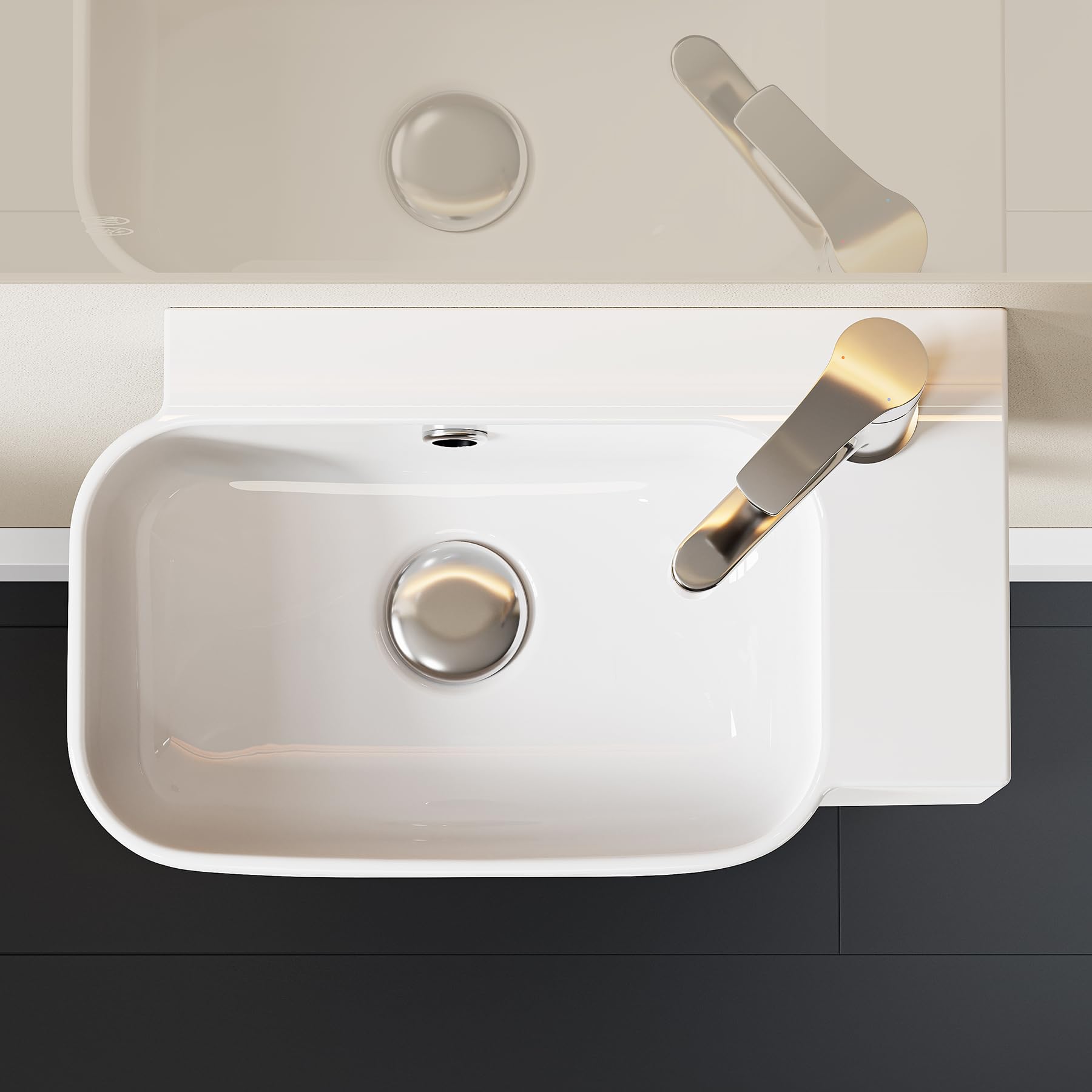 HOROW Eck Waschbecken Klein 40 × 25 cm hart kratzfest für Gäste-WC | Keramik Aufsatzwaschbecken mit Hahnloch & Überlauf, Waschschalen DIN-Norm, Einfache Wandmontage & Aufsatzmontage Modernes Bad
