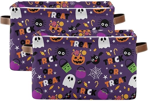 Miniatura 2 de Cesta de almacenamiento de tela morada con texto en inglés Happy Halloween, diseño de calabaza, calavera, fantasma, murciélago, truco o trato, cajas