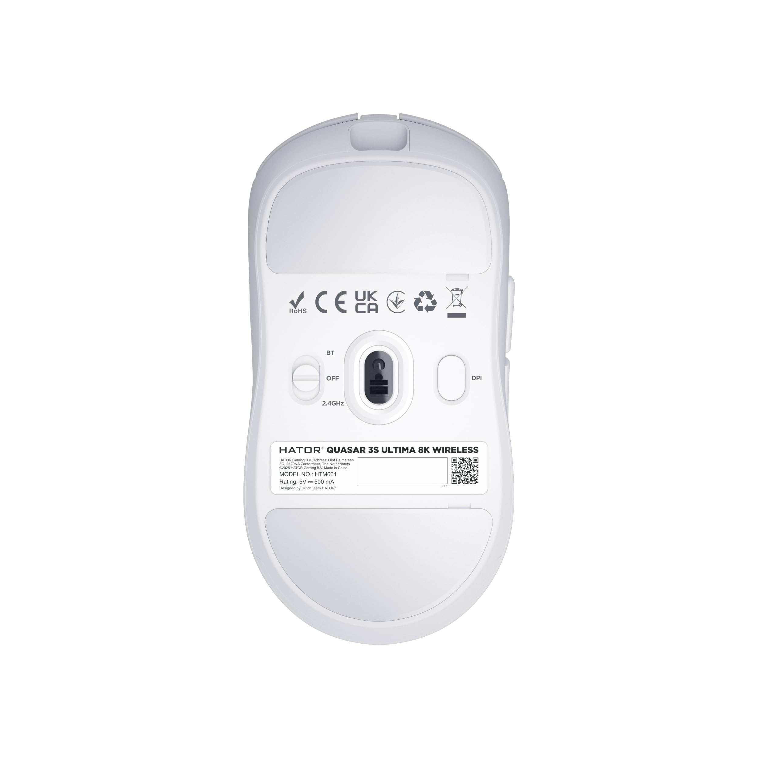 HATOR Quasar 3S Ultima 8K Wireless Ratón Gaming inalámbrico, 46g Ultraligero, PixArt PAW3950 Sensor, 30000 dpi, Optical Switches 100M, 8000Hz, 2.4GHz/Bluetooth 5.4/USB-C, PTFE Skates, PC/Mac (Blanco)