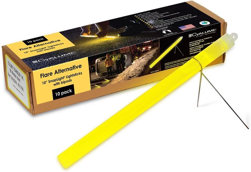Cyalume Technologies SA9-427030AM Yellow 10'' Snaplight Flare Alternative Chemical Light Sticks With Separate Bipod Stand, 2 hour Duration, 25cm (Pack of 40)