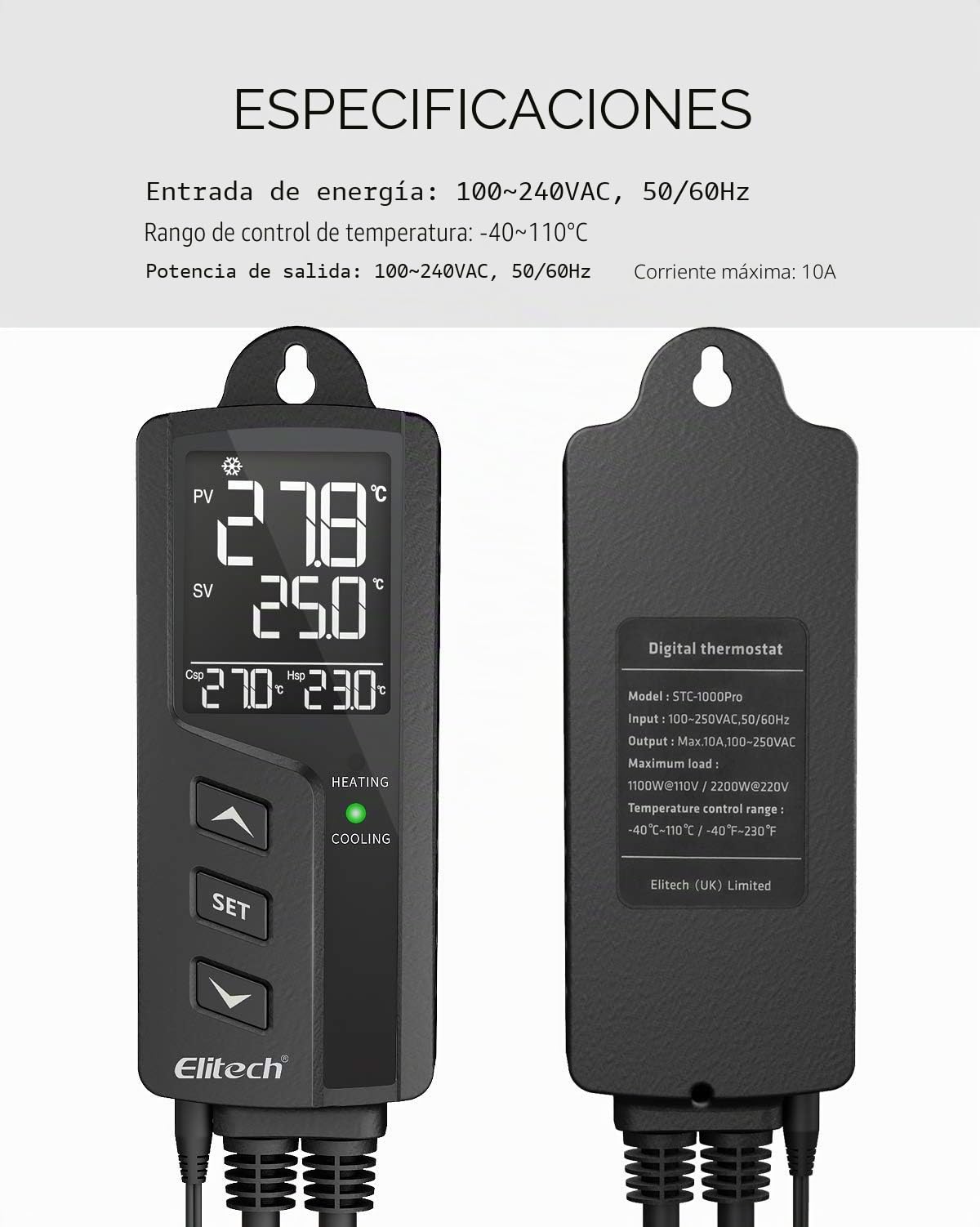 Elitech STC-1000Pro Dual Relay 220v Socket Termostato Digital con Sonda, Controlador de Temperatura de Enfriamiento y Calefacción para el Acuario Calentador de Agua Incubador
