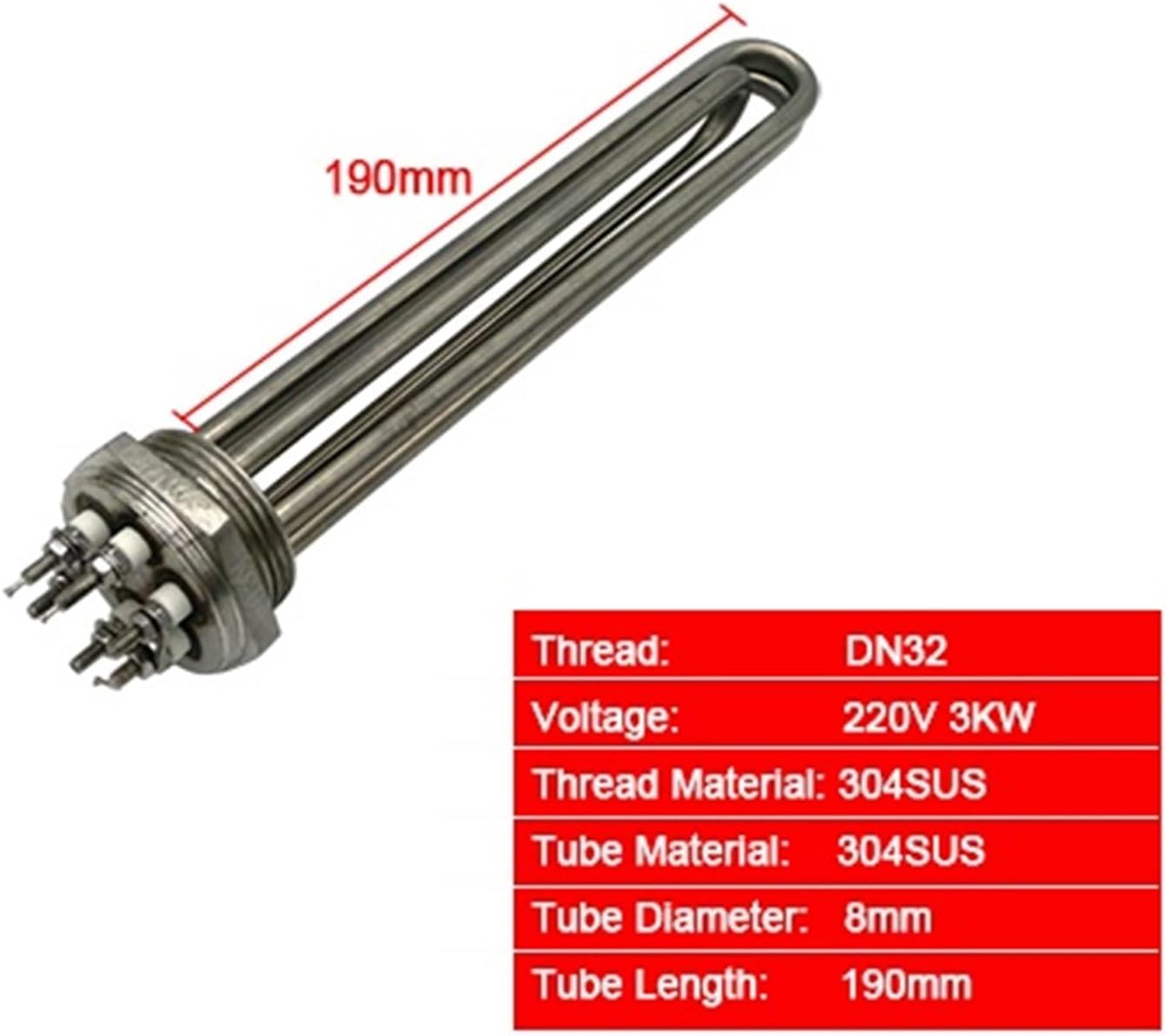 1PCS Full 304 Stainless Steel Water Heating Element 1 1/4" Electric Immersion Heater for Solar Water Tank 220V 380V(220V 190mm 3KW)