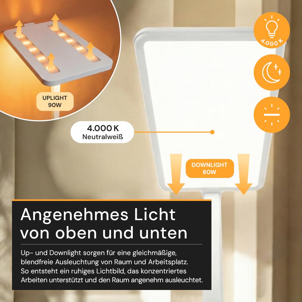 Büro Stehleuchte LED Up/Down mit Licht- & Bewegungssensor - Stehlampe in Weiß dimmbar - Deckenfluter Büro 150W 11000lm, 4000K Neutralweiß, UGR<16 blendarm, CRI 98, Touch LCD-Drehregler