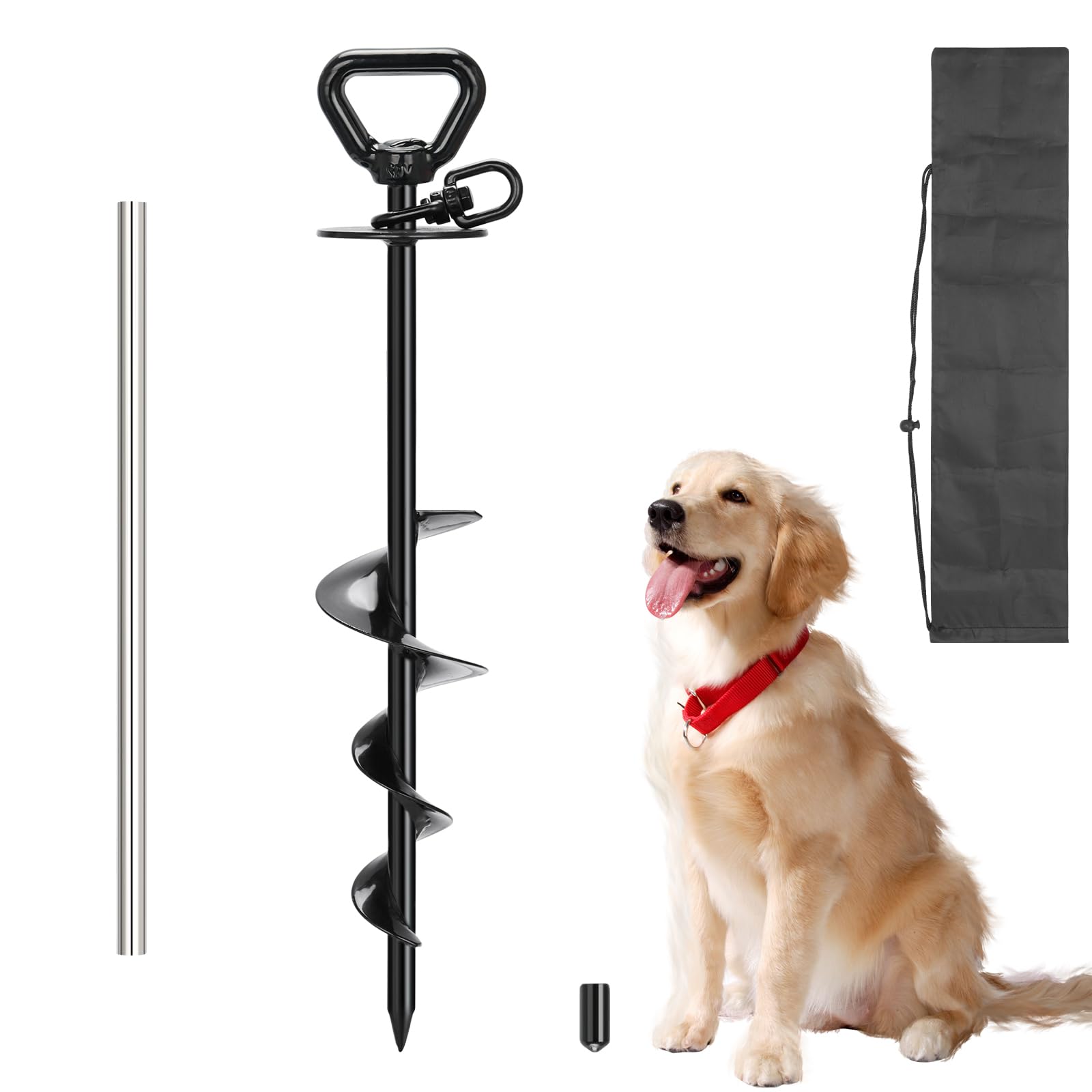 tinnmao Heavy Duty Dog Tie Out Stake, 40cm Spiral Dog Ground Anchor with 360° Swivel, 12mm Metal Screw-in Dog Stake for Garden, Lawn, Camping and Caravan, for Small and Medium Dogs