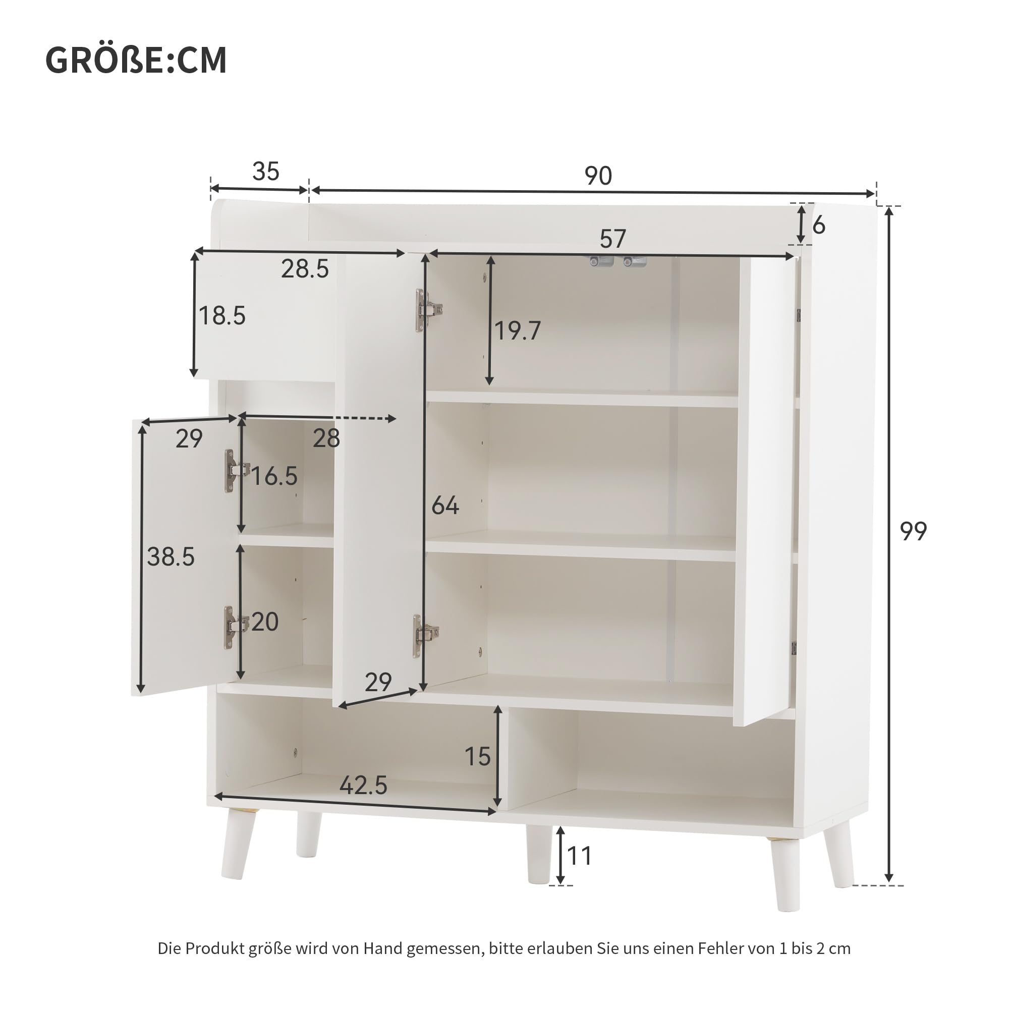 Shye Cassettiera/credenza/scarpiera con ripiani regolabili – Organizzatore per la casa minimalista con gambe in legno massello – Dimensioni: altezza 99 cm x larghezza 90 cm x profondità 35 cm