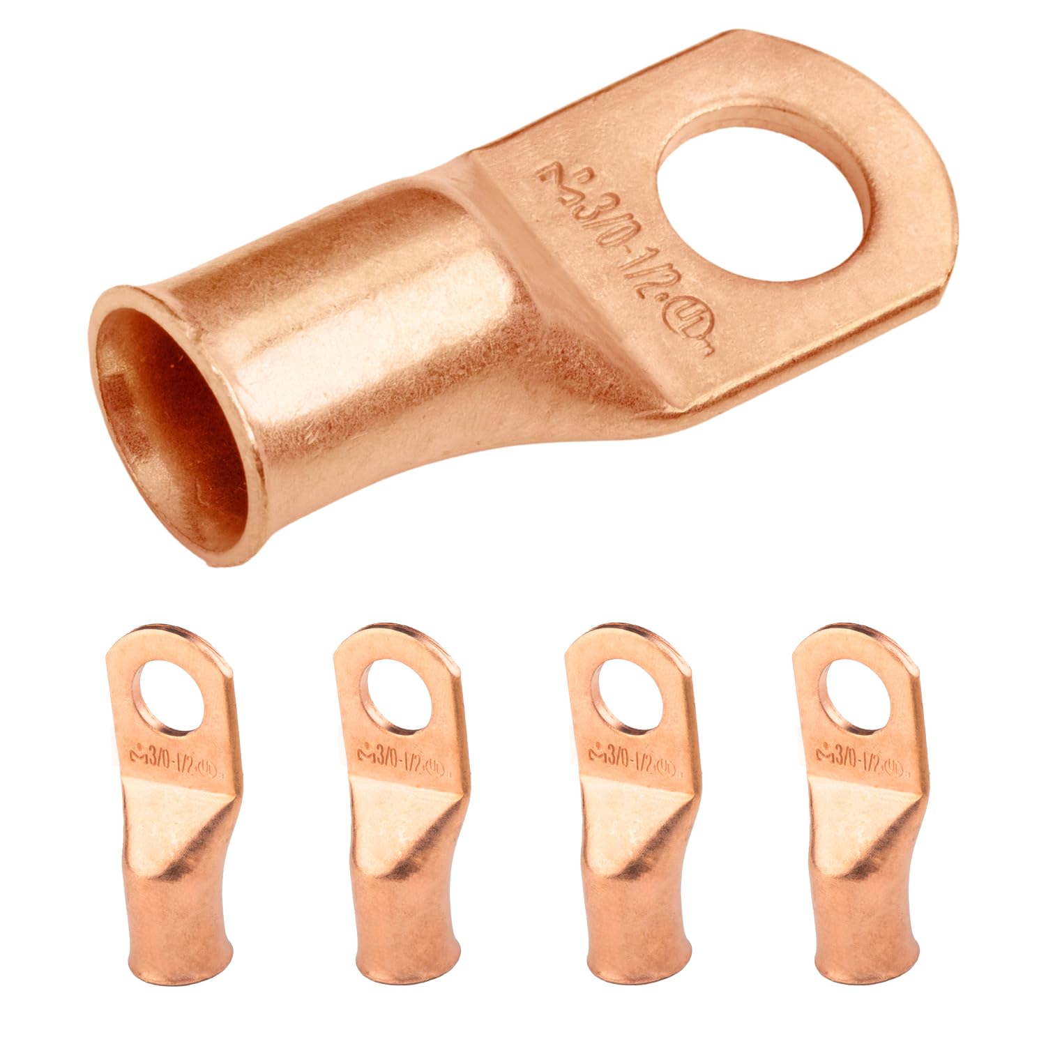 SELTERM 5pcs 3/0 AWG 1/2" Stud Copper Wire Lugs, Ring Terminals, Battery Cable Ends, 000 Gauge Ring Terminal Connectors, UL Heavy Duty Bare Copper Eyelets Battery Terminal Connectors