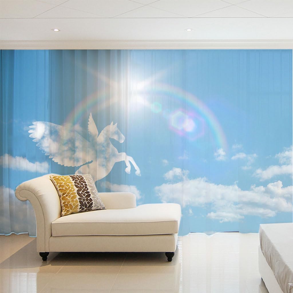 Voilage fenêtre salon moderne bleu à motif cheval 2x132x145cm