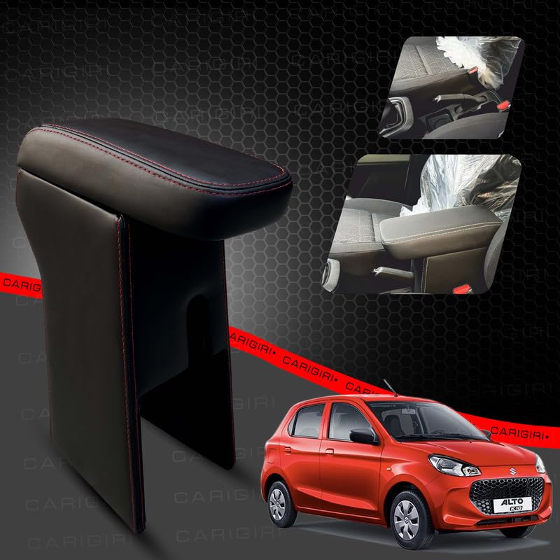 Image of Carigiri Premium Finish Car Armrest with Storage Box And High Density Moulded Foam For Alto K10 (Models-2021-2025) (Red Seam,Nappa Leatherette)