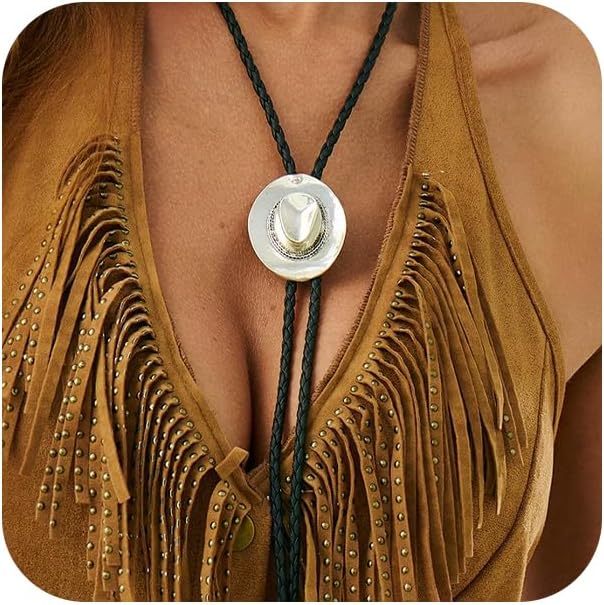Vintage Bolo Tie Long Necklace for Women Retro Cowboy Hat Boots Pendant Black Rope Collar Necklace Party Ethnic Western Jewelry Costume Accessories
