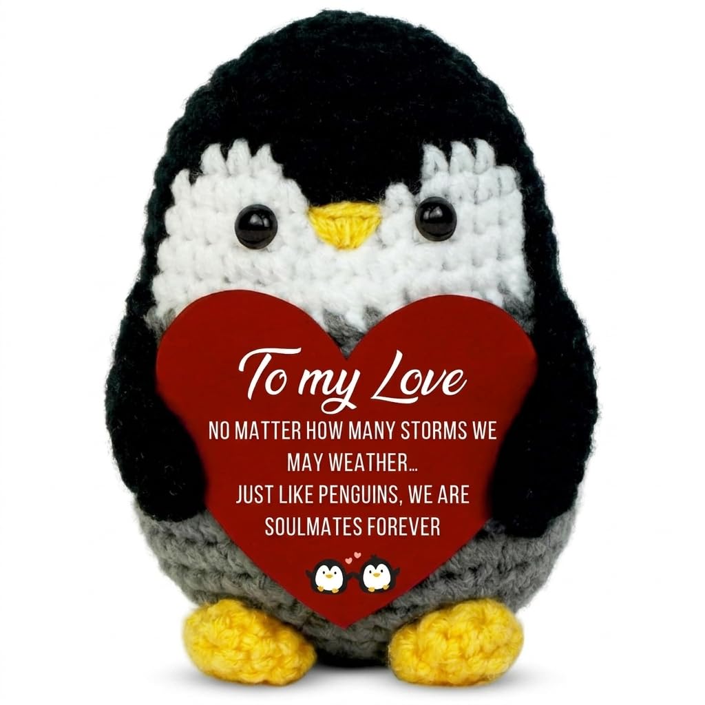 Toumett Handmade Crochet Penguin Plush With Soulmates Forever Message, Ideal Anniversary & I Love You for Her, Penguin Presents for Wife, Husband