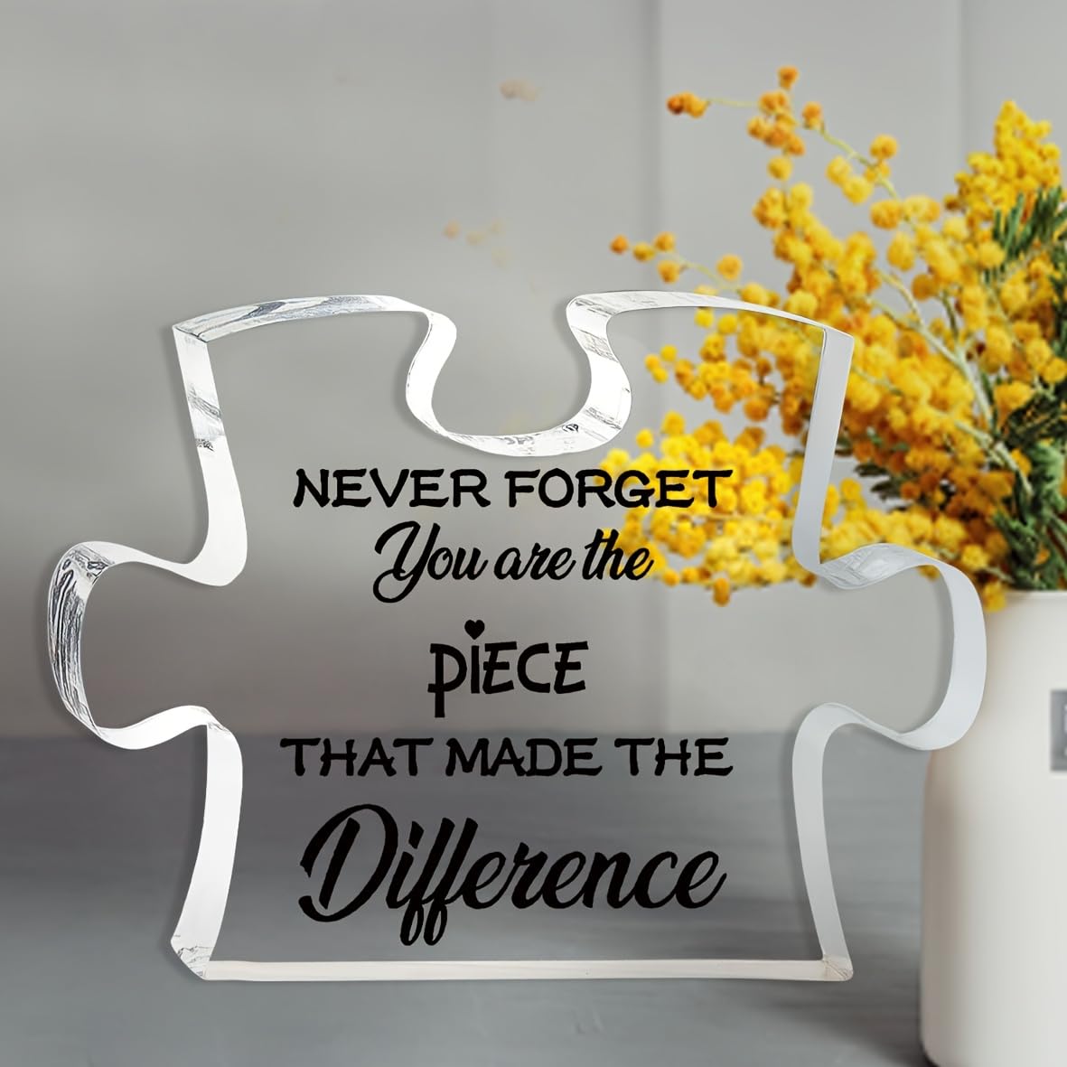 Puzzle Acrylic Thank You Plaque, Freestanding Appreciation Desk Sign with “Never Forget You Are the Piece That Made the Difference” Quote, Clear Tabletop Gift for Teacher, Nurse, Coworker