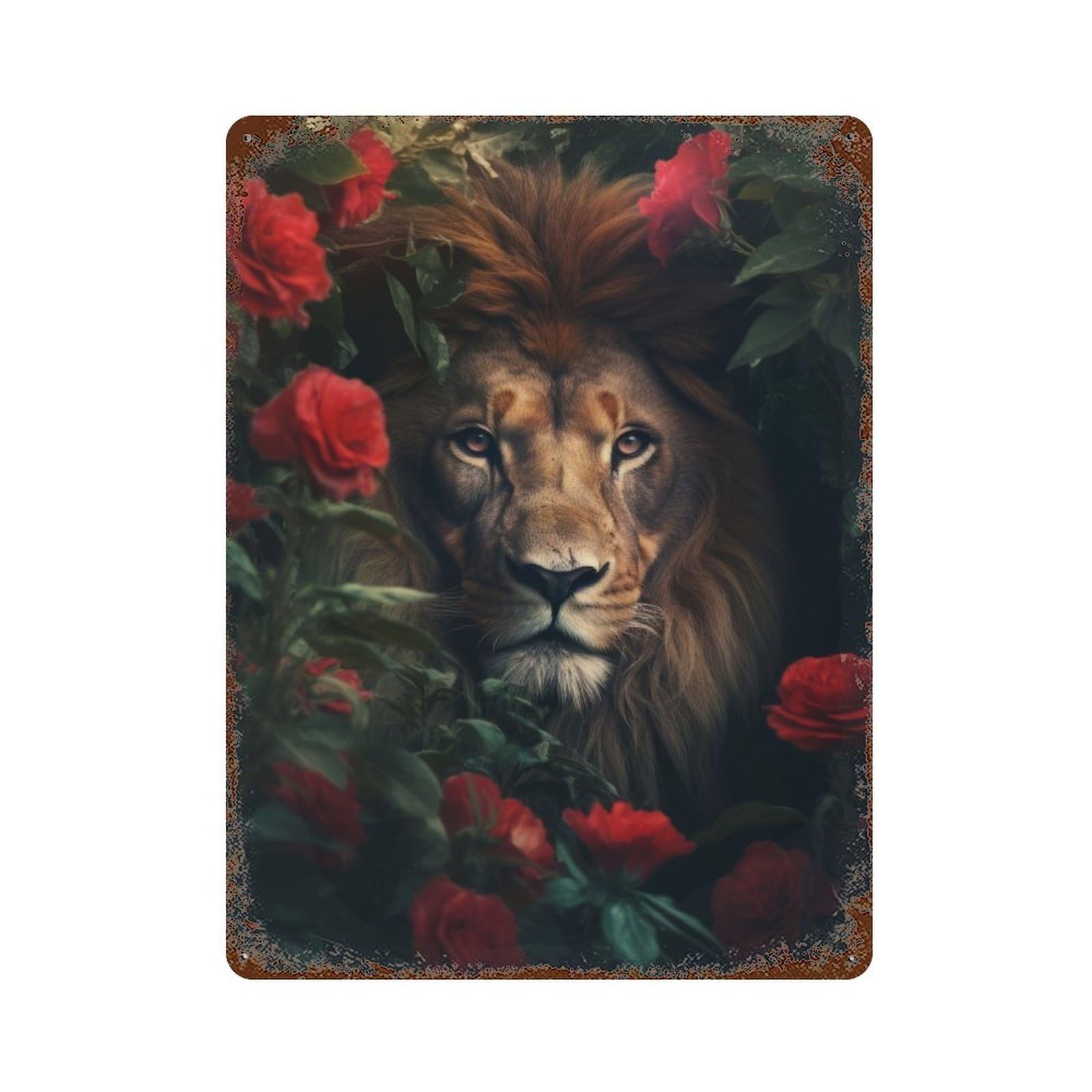 Lion Jungle Red Flowers Rustic Tin Plaque 15.7"x11.8", Ideal for Shed, Workshop And Garage Wall Decor