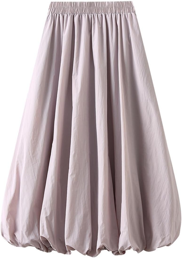 Femiserah Women's Elastic Waist A Line Midi Pompom Skirt Casual Lantern Skirt