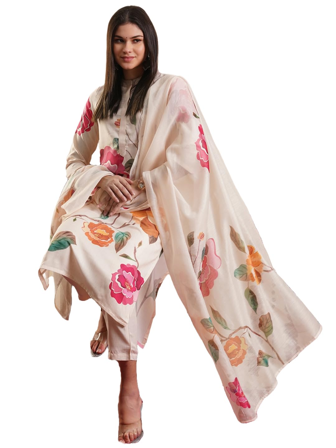 GoSriKiWomen's Rayon Blend Straight Printed Kurta with Pant & Dupatta