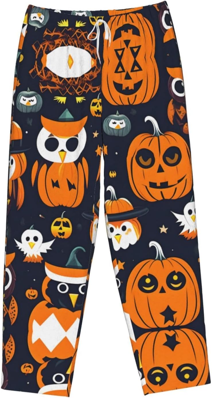 Halloween Owl Ghost Pumpkin Print Cozy Women'S Flannel Pajama Pants,Perfect For Christmas And Everyday Comfort