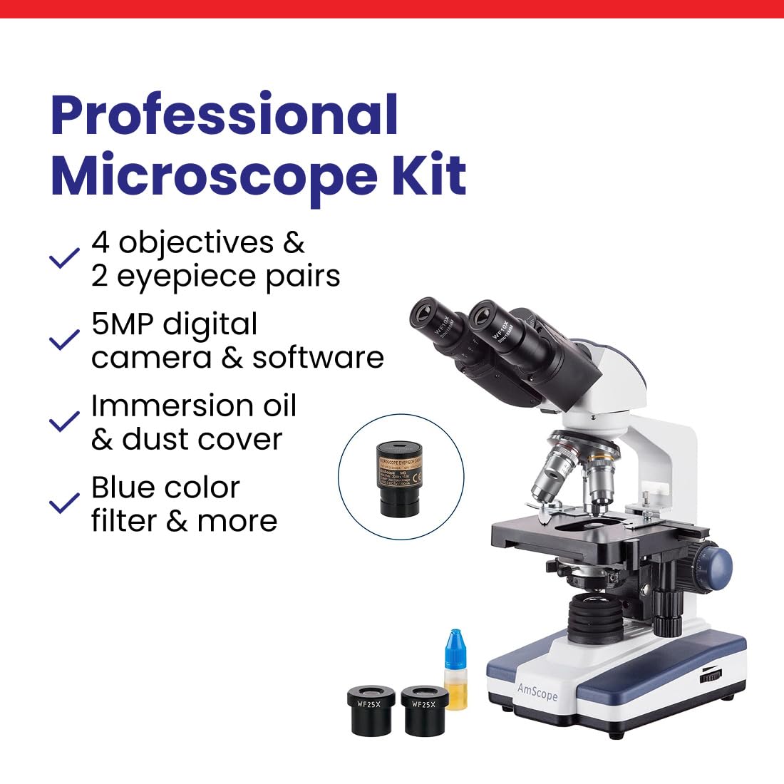 AmScope 40X-2500X LED Digital Binocular Compound Microscope w 3D Stage + 5MP USB Camera, [Importado de UK]