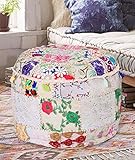 Aakriti Gallery Indian Pouf Footstool Ethnic Embroidered Pouf Cover, Indian Cotton Round Pouffe Ottoman Pouf Cover Pillow Ethnic Decor Art - Cover Only (White, 18x13)