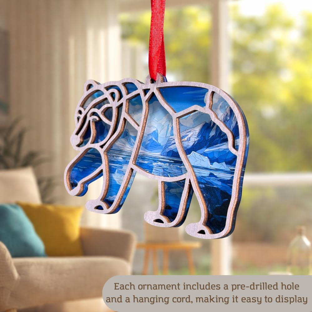 Polar Bear Ornament with 2 Layers Wood and Acrylic, Cute Rearview Mirror Hanging Ornament, Cheerful Gift for Polar Bear Lovers, Easy to Hang and Decoration Anywhere image 4
