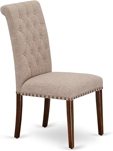 Miniatura 5 de East West Furniture BRP3T04 Bremond Parson - Juego de 2 sillas acolchadas de tela de lino color marrón claro con ribete de cabeza de clavo, color