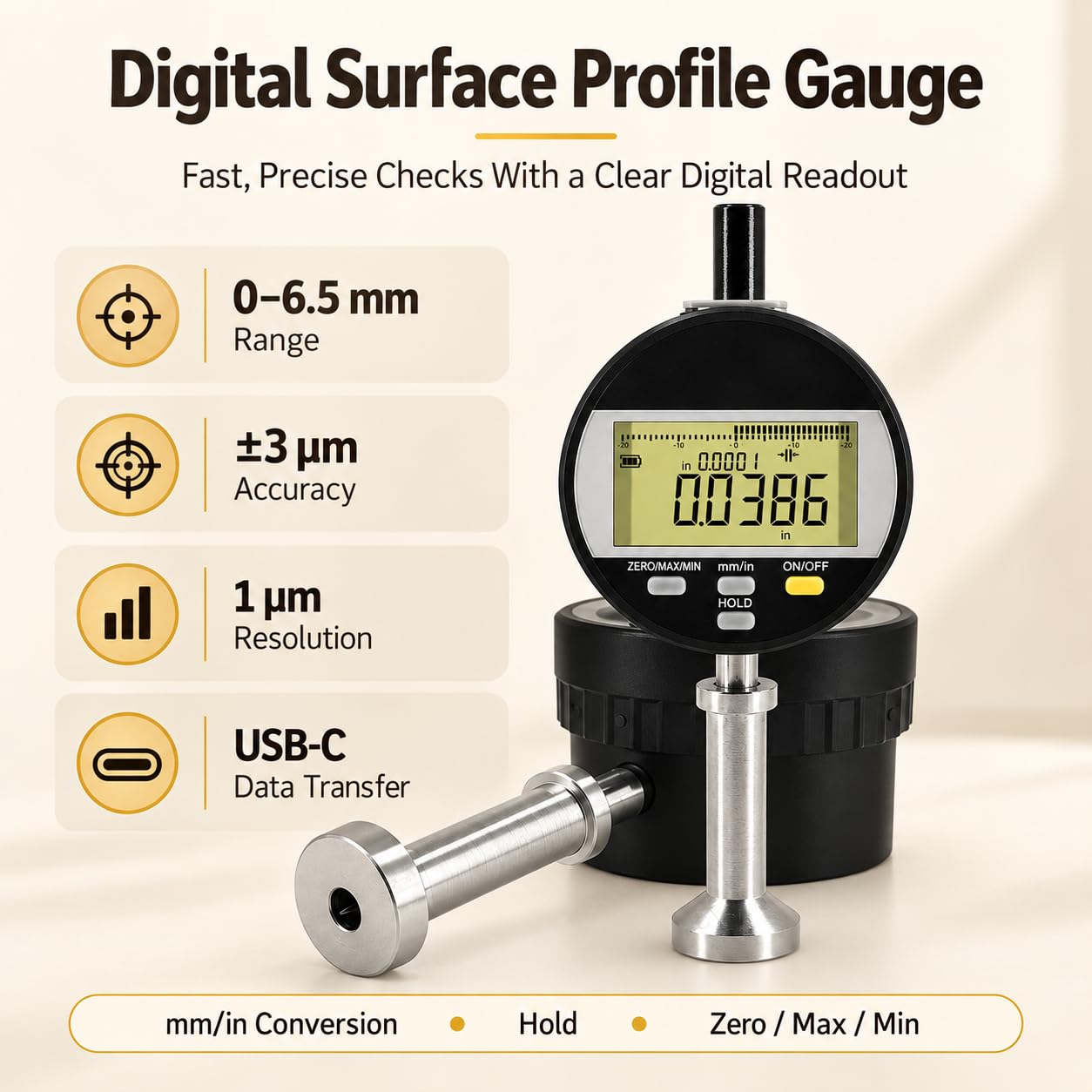 Medidor De Rugosidad Superficial, Medidor Digital De Perfil De Superficie con Sonda De Diamante, Rango De Medición De 0 A 6,5 ​​mm, Precisión De ±0,003 Mm, Conversión De Pulgadas A Sistema