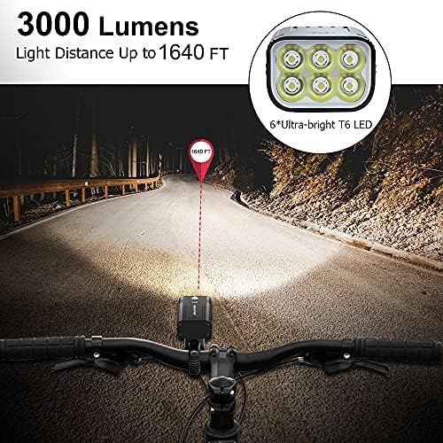 EBUYFIRE 3000 Lumens USB Rechargeable Bike Lights Set, 6 LED Super Bright Bicycle Headlight Front Lights and Rear Taillight, 5 Light Modes 5200 mAh Fits all Bicycles, Mountain,Road