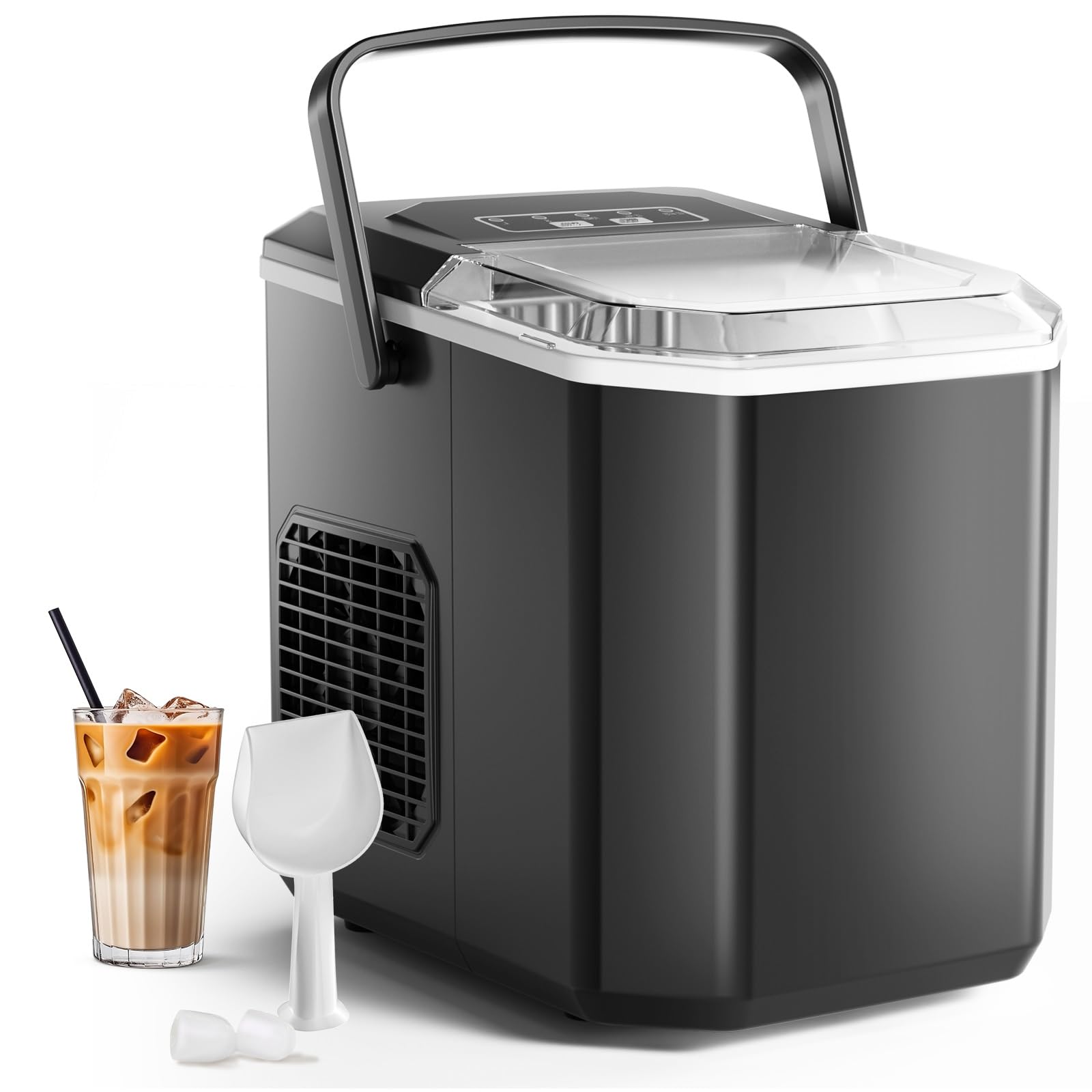 Máquinas para Hacer Hielo Portátil con Mango, Maquina de Hielo para Encimera, Equipado con Hielo Pala de Puede Colocar Boca Abajo, Tamaño S/L 9 Cubitos Hielo/6-10min, 12Kg/24h, Usar en Fiesta/Hogar