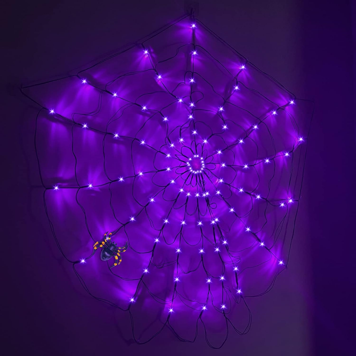 TURNMEON 3.6Ft 96 LED Halloween Spider Web Lights Timer 8 Flashing Modes Orange Spider Battery Operated Net Lights Scary Halloween Decorations Indoor Outdoor Home Yard Garden Party Bar (Purple)
