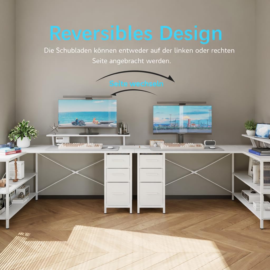 Biurko L-forma z 3 szufladami materiałowymi, 120 * 80 cm odwracalne biurko narożne z podstawką pod monitor, gniazdkiem elektrycznym i portem ładowania USB dla domowego biura, biały