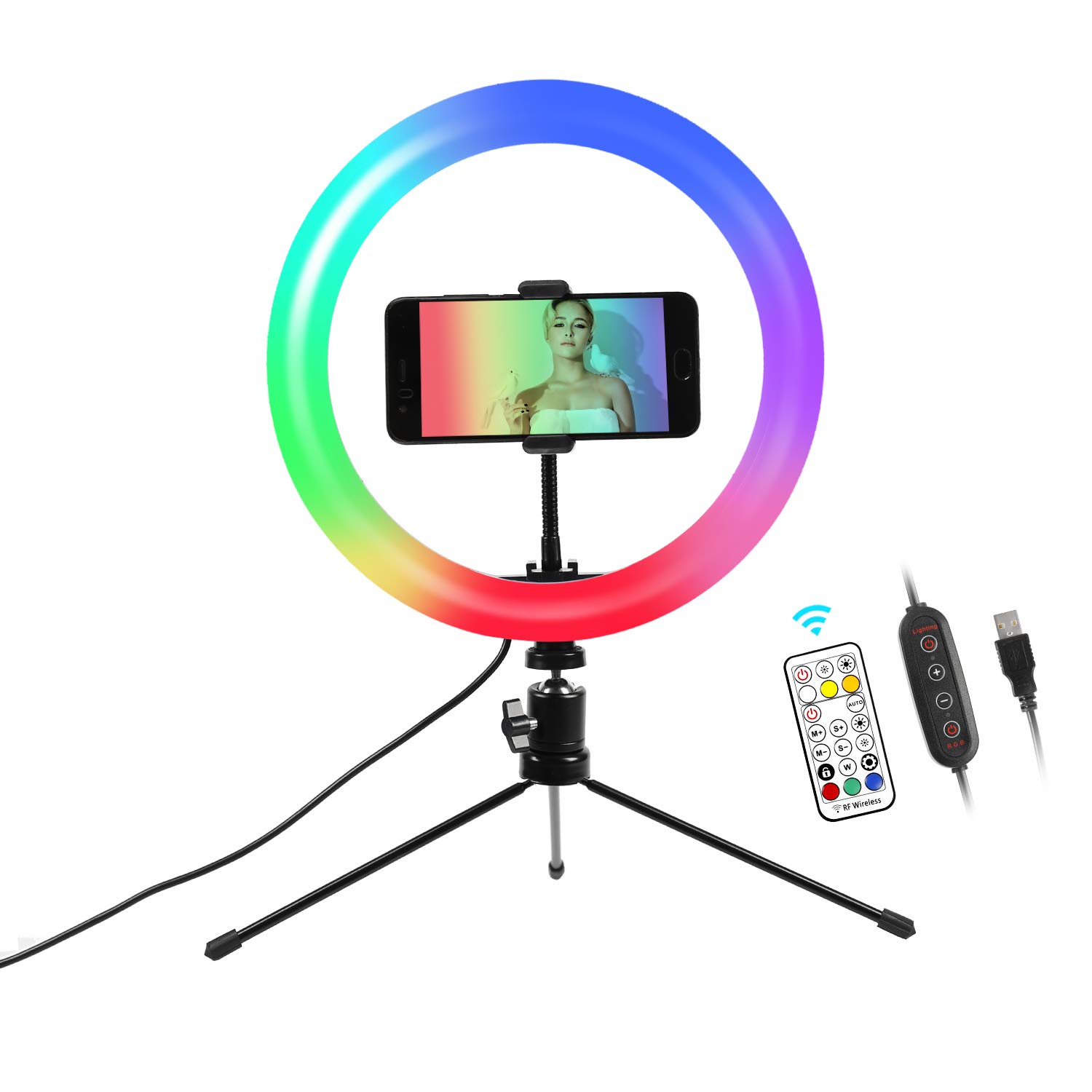 10" LED RGB Ring Lights with Stand 29 Colours Dimmable Desktop Ring Light Kit for Youtube Video, Makeup, Selfie, Photography, Live Streaming, Tiktok, USB Plug
