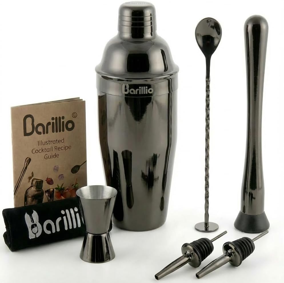 Barillio Black Mixology Bartender Kit - 8-Pc Stainless-Steel Travel Cocktail Shaker Set with Bag - Bar Tools w/Martini Shaker, Drink Mixer Spoon & Mojito Muddler for Cocktails - Bar & Bartending Kit