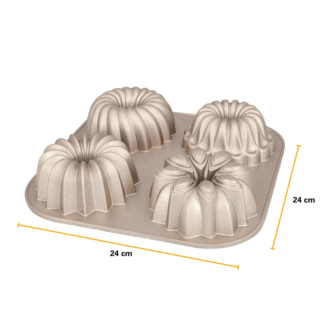 Birkmann Contoura Belissima 887282 Lot de 4 moules à kouglof en fonte d'aluminium, 24 x 24 cm, avec revêtement antiadhésif et recette, bronze
