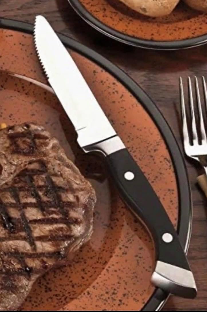 Steak Knives Set of 8, Stainless Steel Serrated Blade, 10.5" Long with 5" Blade, Black Handle, Dishwasher Safe