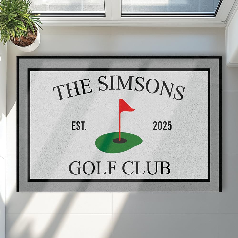 CSKIS Custom Golf Club Doormat – Personalized Welcome Mat with Family Name &amp; Est. Year – Green Putting Flag Design – Non Slip Outdoor Entry Rug for Porch, Garage, or Golf Lover Home Décor