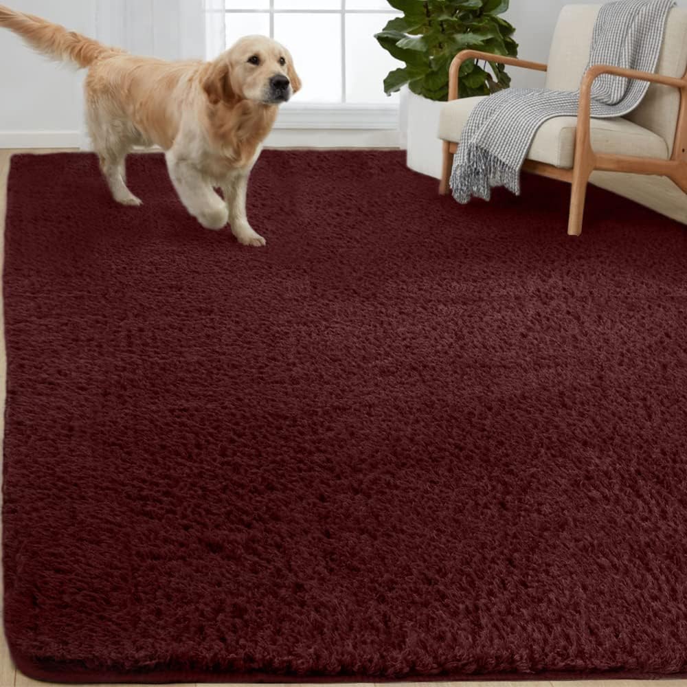 Gorilla Grip Soft Faux Fur Area Rug, Washable, Shed and Fade Resistant, Grip Dots Underside, Fluffy Shag Indoor Bedroom Rugs, Easy Clean, for Living Room Floor, Nursery Carpets, 5x8 FT, Burgundy 5 Feet x 8 Feet Burgundy