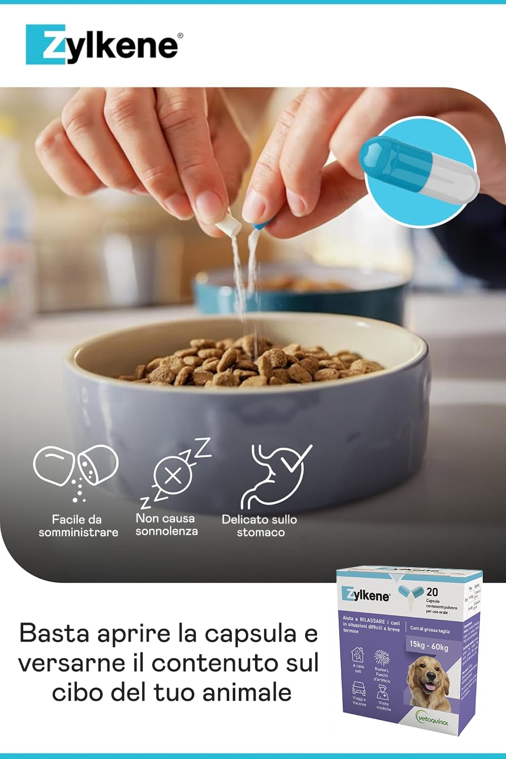 Zylkene Complément Alimentaire | Chiens de Plus de 15 kg | Relaxant pour Situations de Stress |, 20 Gélules de 450 MG