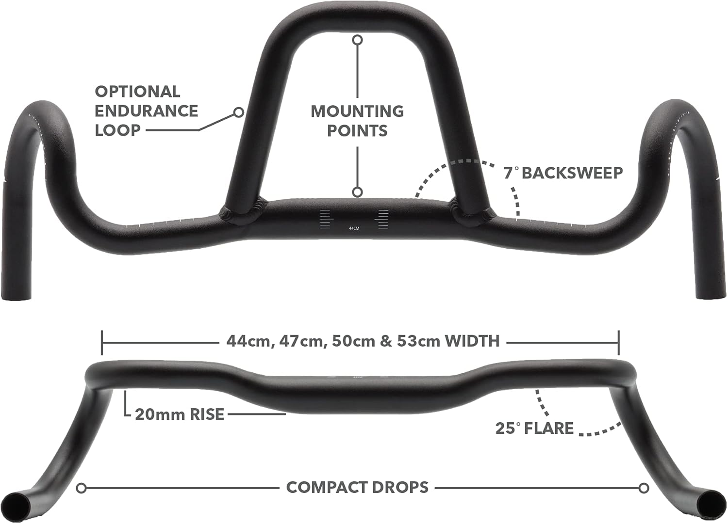REDSHIFT Kitchen Sink Handlebar without Loop for Road, Gravel, Touring, and Commuter Bikes, Aluminum Drop Bar, 31.8mm Clamp, with 20mm of Rise, 44 cm Width