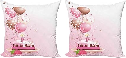 Abakuhaus Anniversaire Lot De Housses De Coussin En 2 Pieces Ballons Gateau Aux Fraises Impression Numerique Recto Verso Zippee 40 Cm X 40 Cm Rose Tan Creme Amazon Fr Cuisine Et Maison
