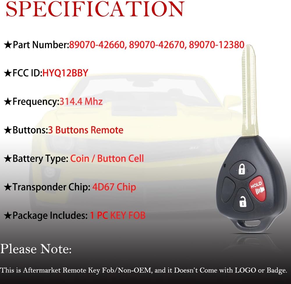 MechanMagic Key Fob Replacement Compatible with Toyota Rav4 2006-2011 / Scion XB 2008-2013 Keyless Entry Remote Control HYQ12BBY with 4D67 Chip
