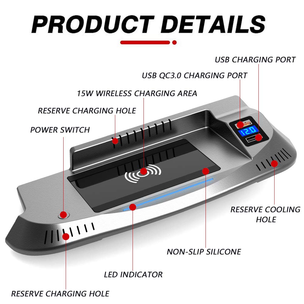 Cargador Inalámbrico Coche para Ford Mustang 2015 2016 2017 2018 2019 2020 Consola Central Accesorios Panel 15W Carga Rápida Auto Teléfono Cargador con QC3.0 USB Puerto para iPhone Samsung