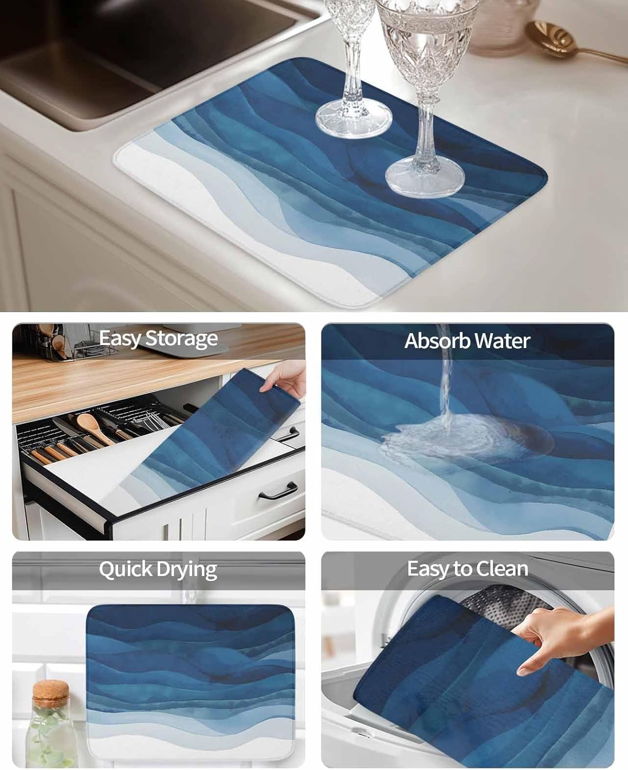 Dish Drying Mat for Kitchen, Abstract Art Navy Blue Gradient Waves Ocean Absorbent Dish Drying Pad, Kitchen Counter Mat for Dishes Utensils Camping, 18"x24"(2 Pcs)