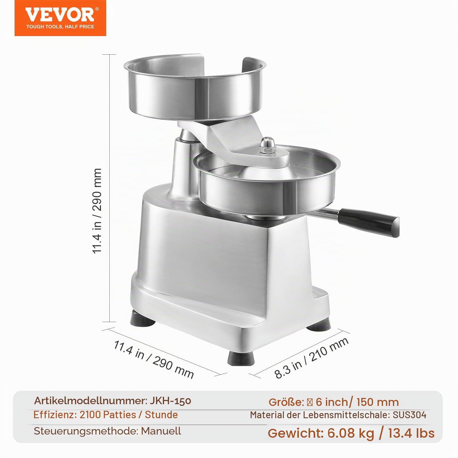 VEVOR Kommerzieller Burger-Patty-Maker, 150 mm, Hamburger-Rind-Patty-Maker, Strapazierfähig, Lebensmittelechter Edelstahl Burgerpresse, Küchenfleischformer